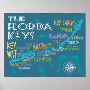 Florida Keys typografische Karte mit farbigen Name Poster