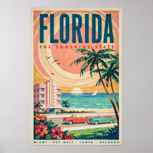 Florida-Küsten-Autos Illustration Reise Kunst Vint Poster