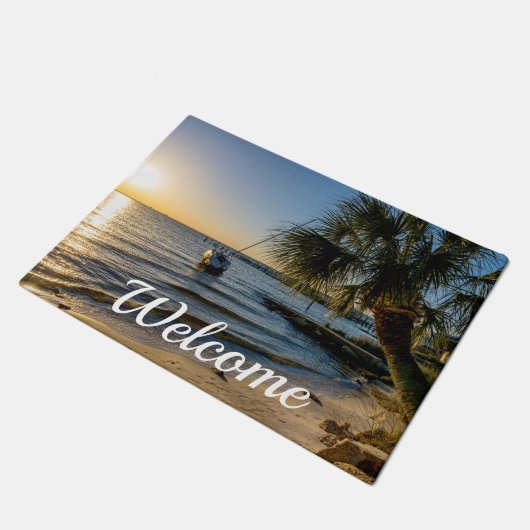 Florida Leaning Palm Tree Sunset Herzlich willkomm Fußmatte (Schrägansicht)