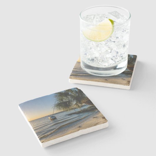 Florida Leaning Palm Tree Sunset Stone Untersetzer (Seitenansicht)