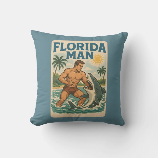 Florida Man Coastal Shark Wrestler | Retro Beach Kissen (Vorderseite)