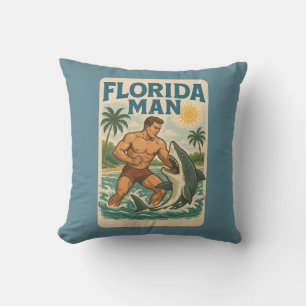 Florida Man Coastal Shark Wrestler   Retro Strand Kissen