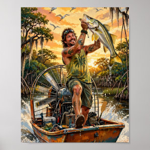 Florida Man hält einen Snook auf einem Airboat hoc Poster