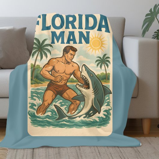 Florida Man Shark Wrestler Funny Retro Beach Life Fleecedecke
