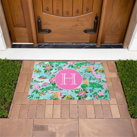 Florida Map Preppy Palm Beach Pattern Mit Monogram Fußmatte (Außenbereich)
