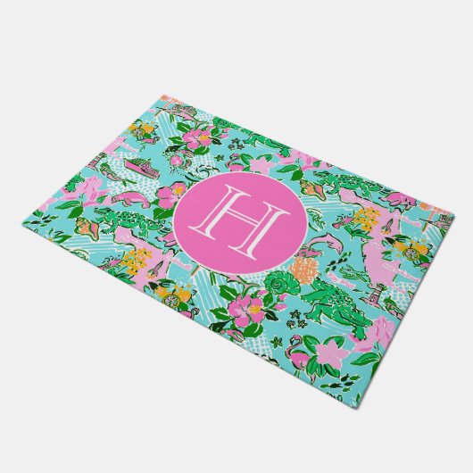 Florida Map Preppy Palm Beach Pattern Mit Monogram Fußmatte (Schrägansicht)