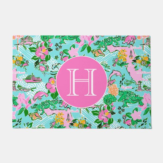 Florida Map Preppy Palm Beach Pattern Mit Monogram Fußmatte (Vorderseite)
