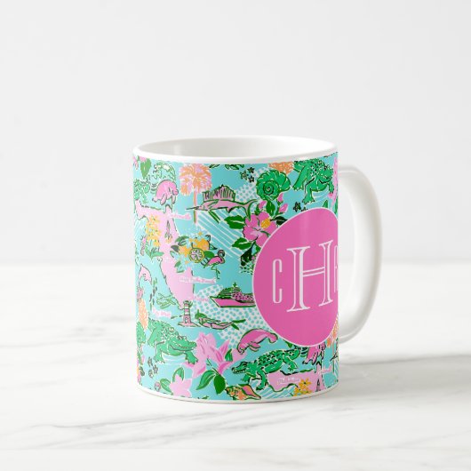 Florida Map Preppy Palm Beach Pattern Mit Monogram Kaffeetasse (VorderseiteRechts)