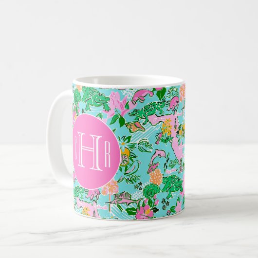 Florida Map Preppy Palm Beach Pattern Mit Monogram Kaffeetasse (Vorderseite Links)