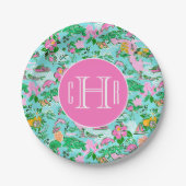 Florida Map Preppy Palm Beach Pattern Mit Monogram Pappteller (Vorderseite)