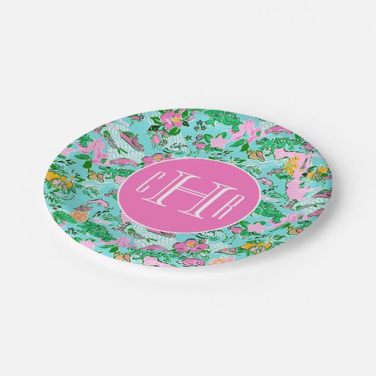 Florida Map Preppy Palm Beach Pattern Mit Monogram Pappteller (Schrägansicht)