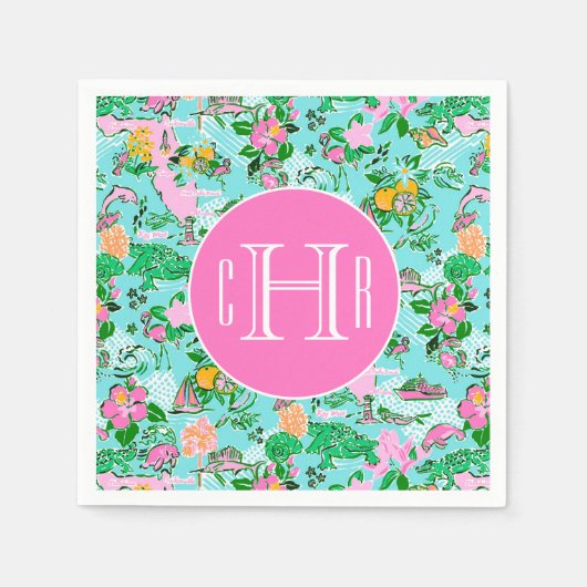 Florida Map Preppy Palm Beach Pattern Mit Monogram Serviette (Vorderseite)