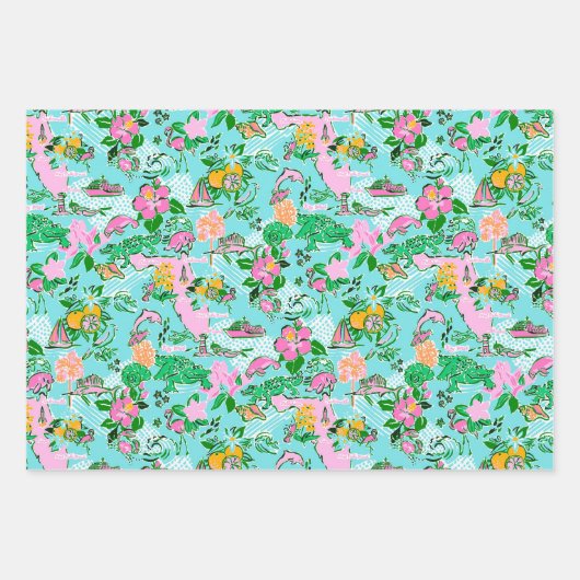 Florida Map Preppy Palm Beach Pattern Print Geschenkpapier Set (Vorderseite)