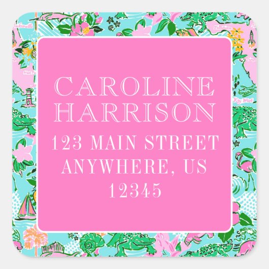 Florida Map Preppy Palm Beach Pattern Print Quadratischer Aufkleber (Vorderseite)