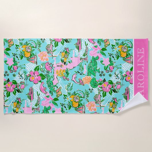 Florida Map Preppy Palm Beach Pattern Print Strandtuch (Vorderseite)