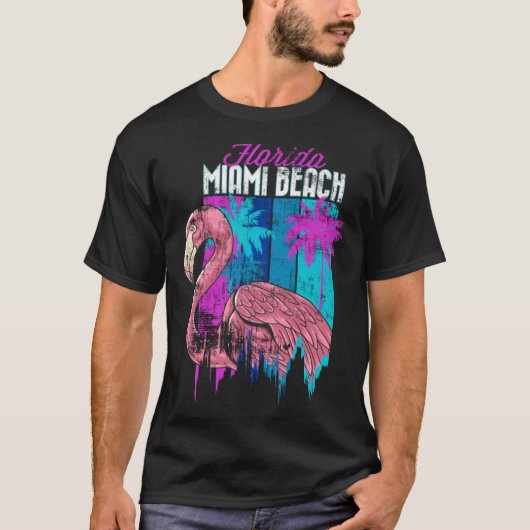 Florida Miami Beach Retro Flamingo Palm Trees Vapo T-Shirt (Vorderseite)