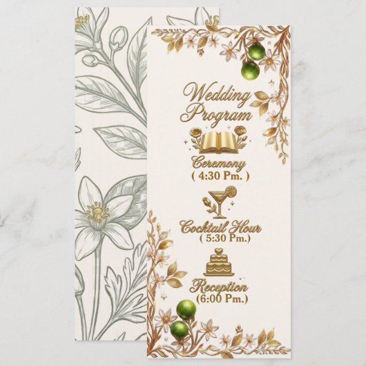 Florida Orange Blossom Gold Elegante Hochzeitsprog Programm (Vorne/Hinten)