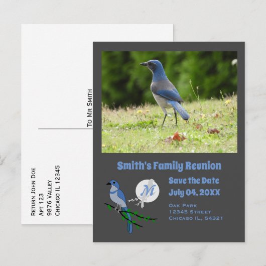 Florida Scrub Jay Wiedersehen Monogram Foto Einladungspostkarte (Vorne/Hinten)
