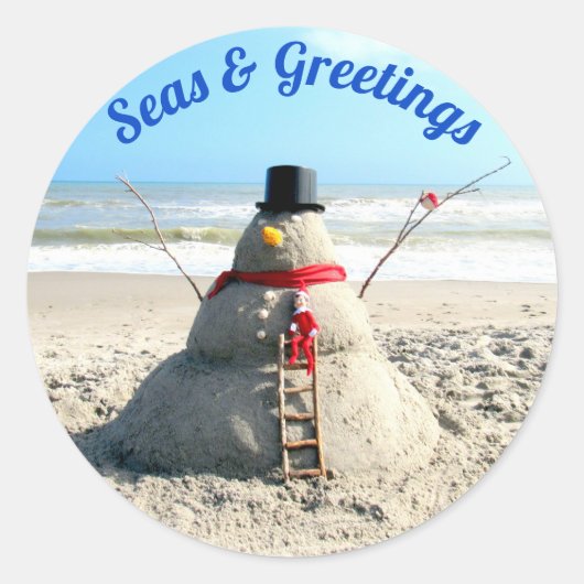 Florida Snowman w/Elf - Sandskulptur - Strand Runder Aufkleber (Vorderseite)