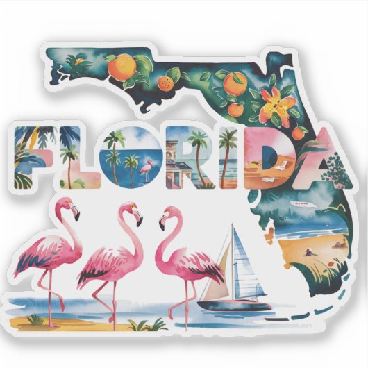 Florida Staat Karte Tropisch Pink Flamingos Aufkleber (Vorderseite)