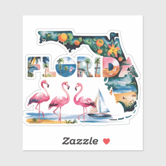 Florida Staat Karte Tropisch Pink Flamingos Aufkleber (Blatt)