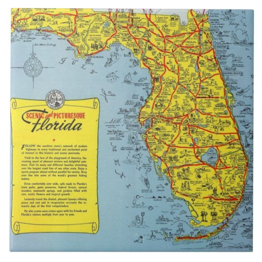 Florida Tourist Karte Keramik Tile Fliese (Vorderseite)