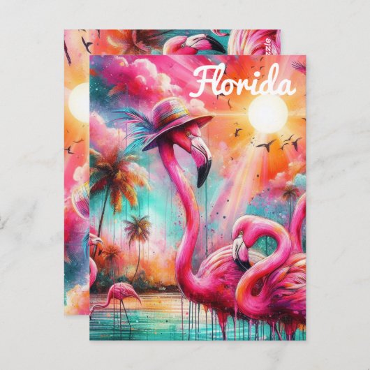 Florida Tropical Pink Flamingos Palm Trees Sun Postkarte (Vorne/Hinten)