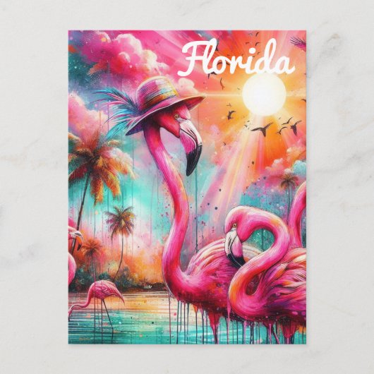 Florida Tropical Pink Flamingos Palm Trees Sun Postkarte (Vorderseite)