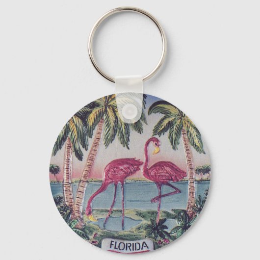 Florida Vintage Flamingos und Palmen Schlüsselanhänger (Vorderseite)