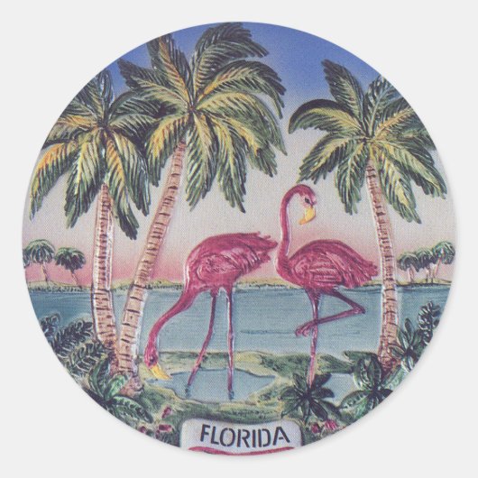 Florida Vintage Retro-Flamingos-Abbildung Runder Aufkleber (Vorderseite)