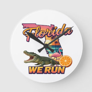 Florida We Run Sonnenuntergang Alligator Flamingo  Runde Wanduhr