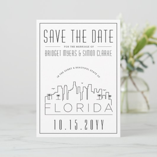 Florida Wedding | Stilisierte Skyline Save the Dat Einladung (Stehend Vorderseite)