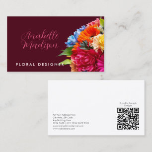 Florist Colorful Floral Bouquet QR Code Wine Red Visitenkarte