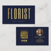 Florist Foto QR-Code Navy und Gold Visitenkarte (Vorne/Hinten)