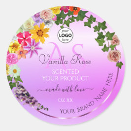 Florrosa Lila Produktetikett Monogramm und Logo Runder Aufkleber