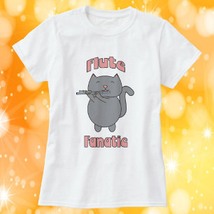 Flöten-Fanatiker Graue Katze Rosa T-Shirt