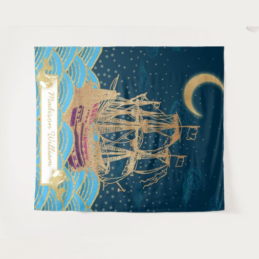 Flotte unter dem Mondlicht mit kleinen Walen Wandteppich (Vorderseite (Horizontal))