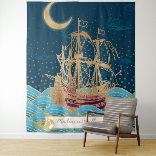 Flotte unter dem Mondlicht mit kleinen Walen Wandteppich (Beispiel)