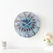 Flourish Abstract Modern Fractal Flower With Blue Große Wanduhr (Zuhause)