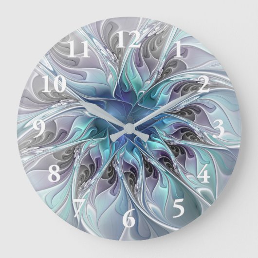 Flourish Abstract Modern Fractal Flower With Blue Große Wanduhr (Vorderseite)