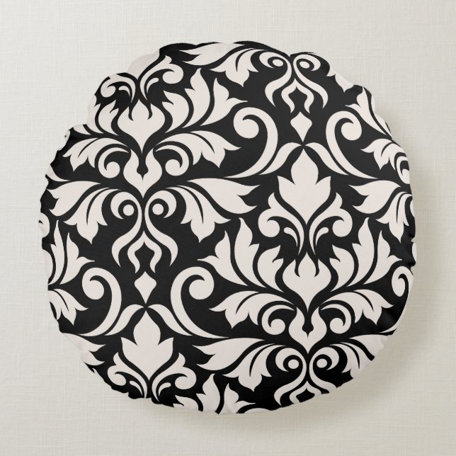 Flourish Damask Art I Cream on Black Rundes Kissen (Vorderseite)