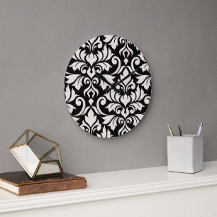 Flourish Damask Art I Creme auf Schwarz Große Wanduhr