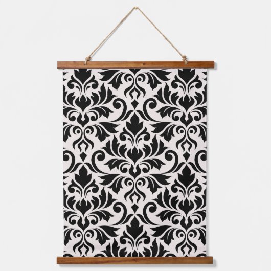 Flourish Damask Lg Pattern Black on Cream Wandteppich Mit Holzrahmen (Vorderseite)