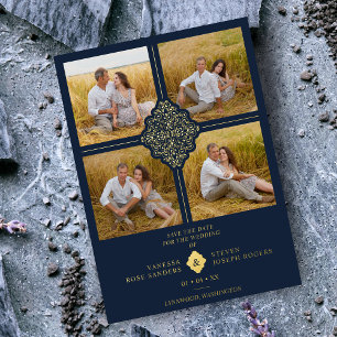 Flourish Navy Gold 4 Fotos Klassische Filigranarbe Folieneinladung