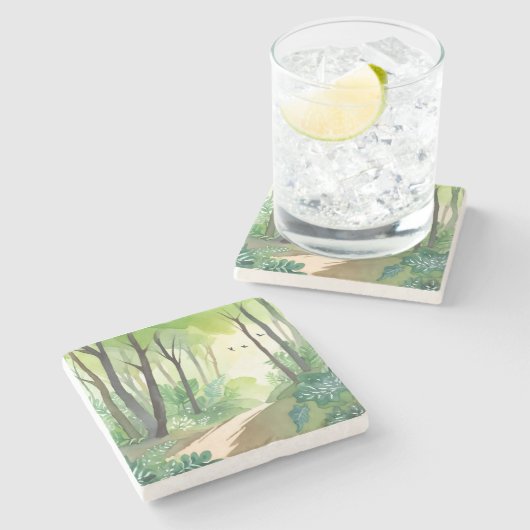 Flourishing Green Forest | Nature Watercolor Steinuntersetzer (Seitenansicht)