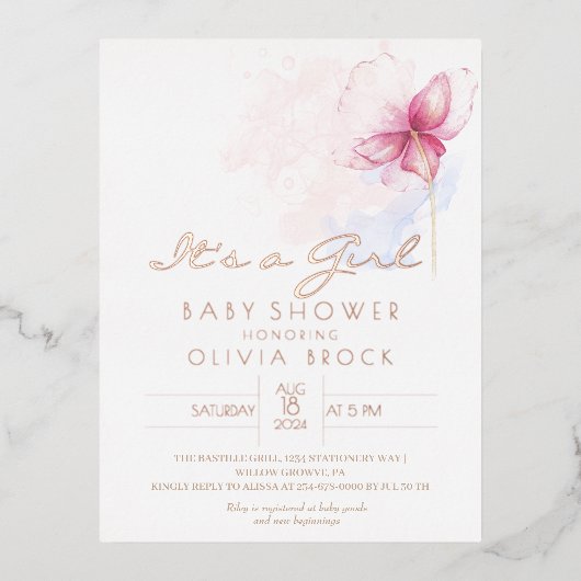 Flow Gold Foil Moderne Girl Baby Dusche Einladung (Vorderseite)