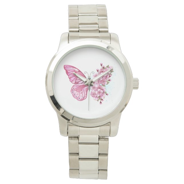 Flower Butterfly with Pink Sakura Armbanduhr (Vorderseite)