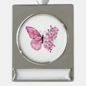Flower Butterfly with Pink Sakura Banner-Ornament Silber (Vorderseite)