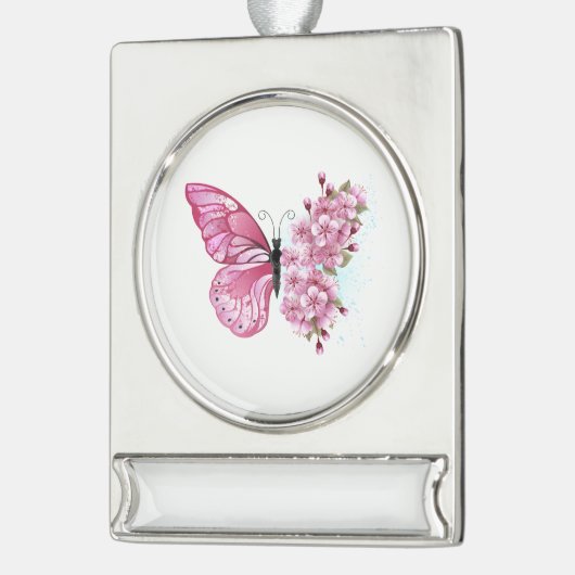 Flower Butterfly with Pink Sakura Banner-Ornament Silber (Links)