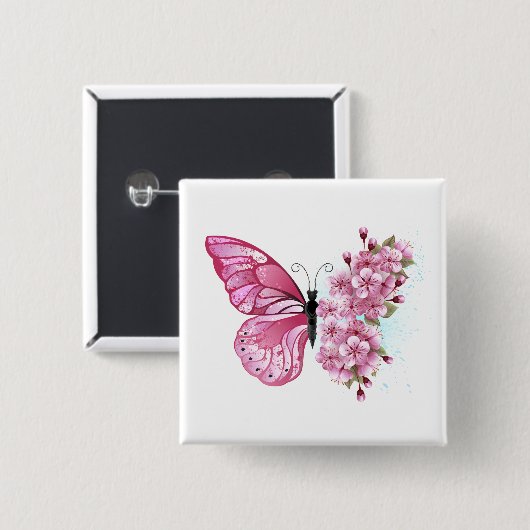 Flower Butterfly with Pink Sakura Button (Vorne & Hinten)